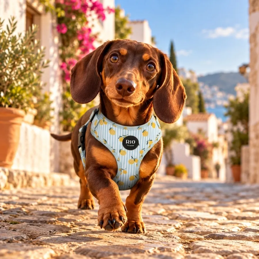 El mismo perro con un arnés de Río The Brand puesto por la IA