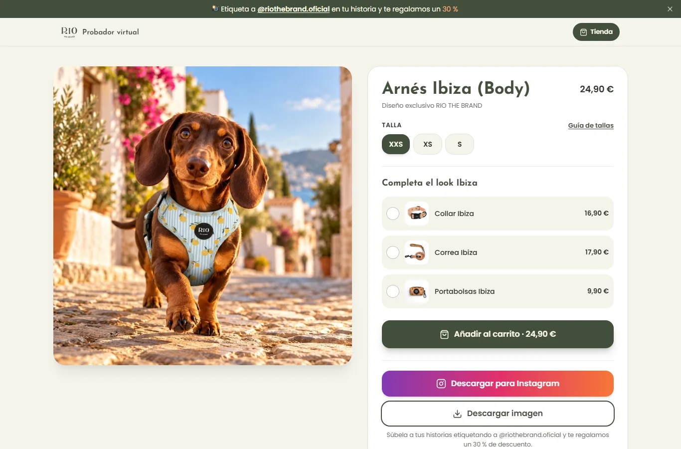 Pantalla del probador: resultado, tallas, completa el look y añadir al carrito